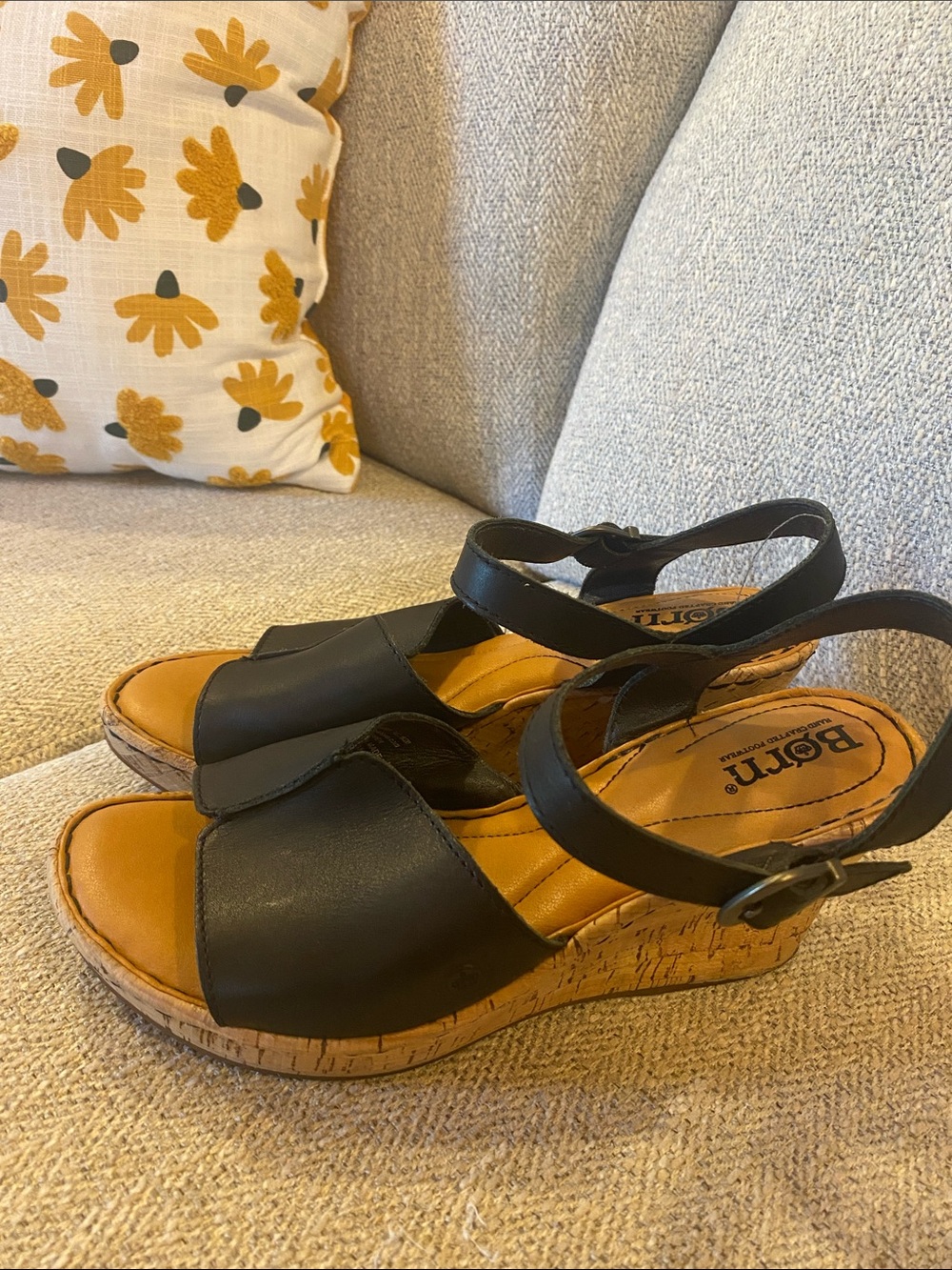 Born Black Leather Cork Wedge Sandals  dress casual comfort cruise church